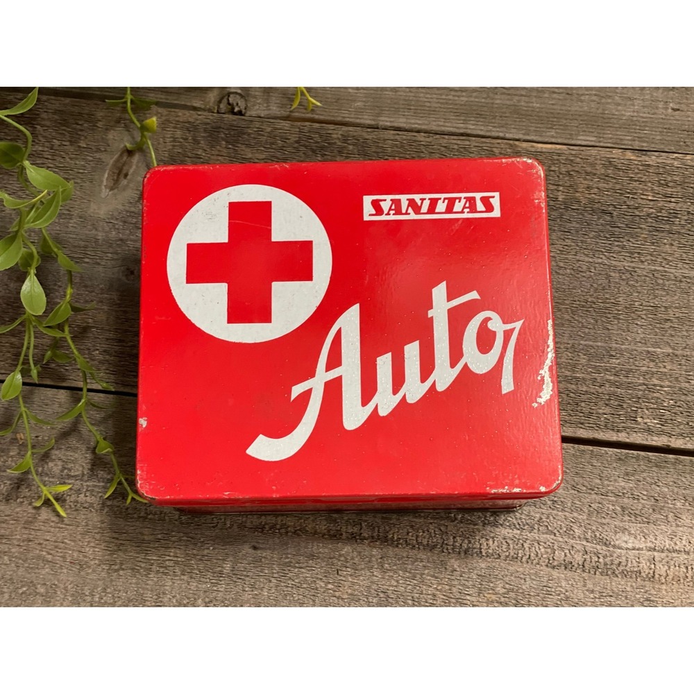 Vintage Car first aid kit- Sanitas metal first aid box first aid auto kit- decor